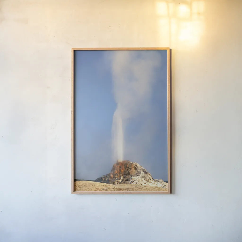 White Dome Geyser by Alan Majchrowicz. shown as a paper print in a natural frame. Available as a archival giclee rolled canvas, fine art paper, or poster print. SKU 80844h.