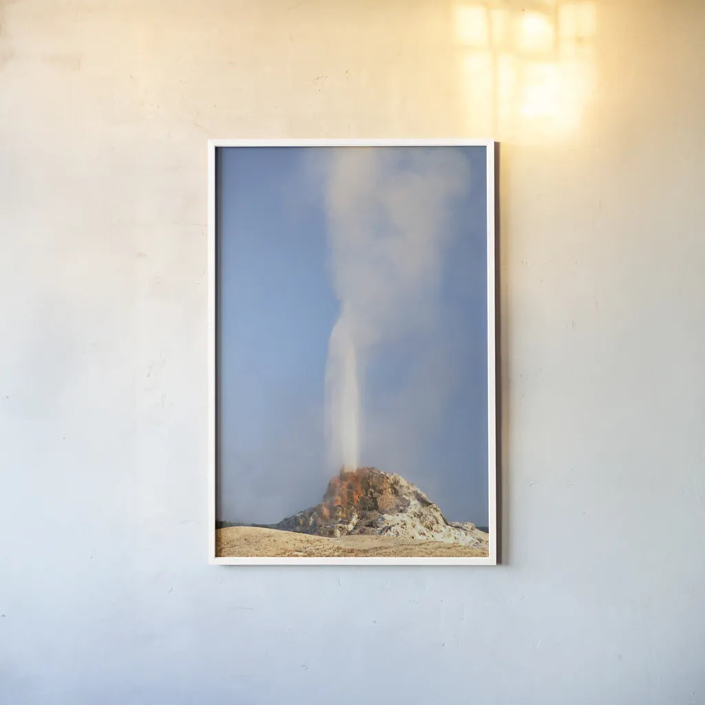 White Dome Geyser by Alan Majchrowicz. shown as a paper print in a white frame. Available as a archival giclee rolled canvas, fine art paper, or poster print. SKU 80844h.