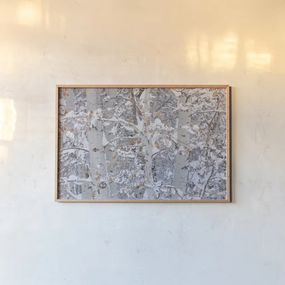 Winter Aspens Closeup by Alan Majchrowicz. shown as a paper print in a natural frame. Available as a archival giclee rolled canvas, fine art paper, or poster print. SKU 60967i.