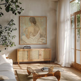 Abstract Figure Study II Crop by Albena Hristova. Shown in a natural wood frame in a cozy modern living room. Available as an archival giclee rolled canvas, fine art paper, or poster print. SKU 20893a.
