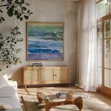 Abstract Layers I by Albena Hristova. Shown in a natural wood frame in a cozy modern living room. Available as an archival giclee rolled canvas, fine art paper, or poster print. SKU 54822a.