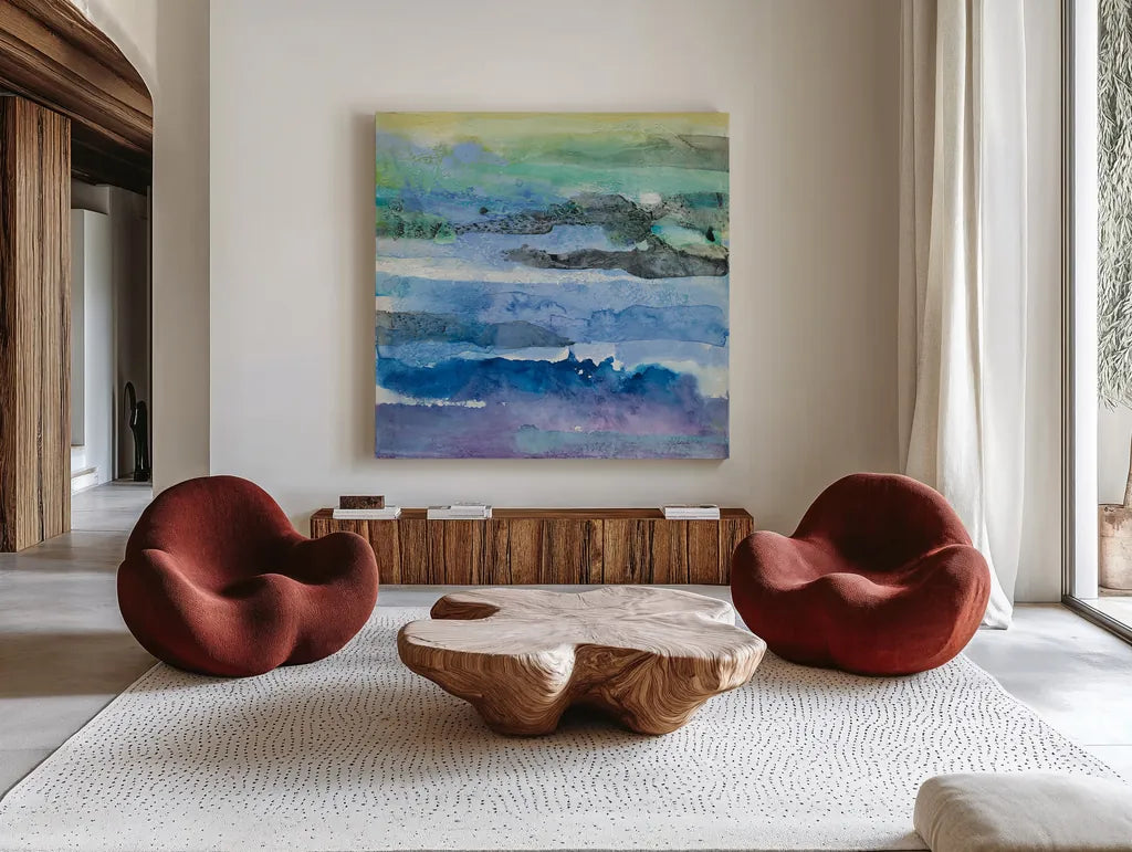 Abstract Layers I by Albena Hristova. Shown as extra-large giant wall art in a modern living room. Available as an archival giclee rolled canvas, fine art paper, or poster print. SKU 54822a.