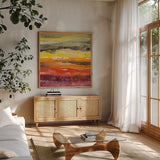 Abstract Layers II by Albena Hristova. Shown in a natural wood frame in a cozy modern living room. Available as an archival giclee rolled canvas, fine art paper, or poster print. SKU 54823a.