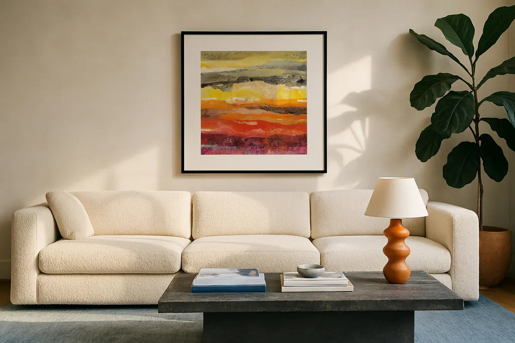 Abstract Layers II by Albena Hristova. Displayed in a glass frame with matte in a clean modern living room. Available as an archival giclee rolled canvas, fine art paper, or poster print. SKU 54823a.