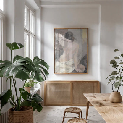 After the Bath I Crop by Albena Hristova. shown as a print in a natural wood frame in a dining room. Available as a archival giclee rolled canvas, fine art paper, or poster print. SKU 23813h.