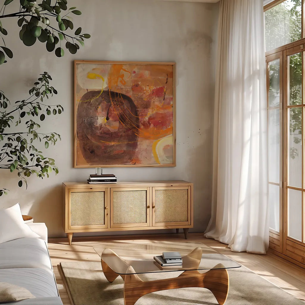 All Shook Up I by Albena Hristova. Shown in a natural wood frame in a cozy modern living room. Available as an archival giclee rolled canvas, fine art paper, or poster print. SKU 21369a.