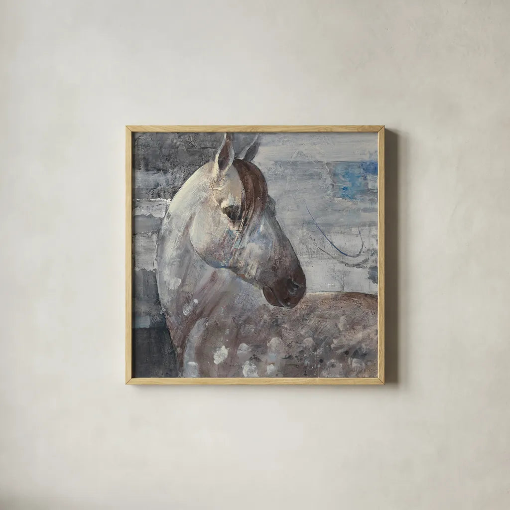 Appaloosa by Albena Hristova. Shown in a natural wood glass frame for a timeless modern aesthetic. Available as an archival giclee rolled canvas, fine art paper, or poster print. SKU 21394a.