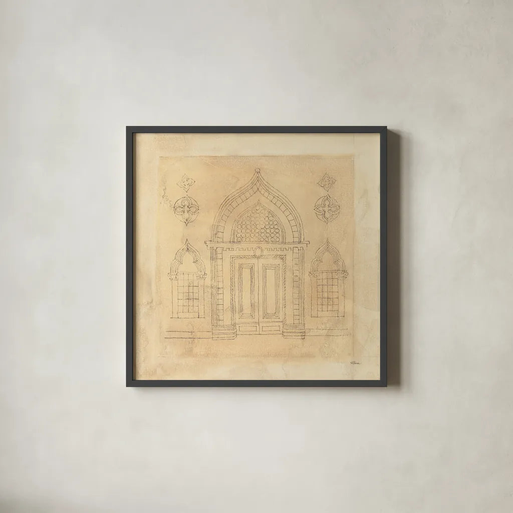 Architectural Drawing I Neutral by Albena Hristova. Shown in a sleek black glass frame for a contemporary gallery look. Available as an archival giclee rolled canvas, fine art paper, or poster print. SKU 90917a.