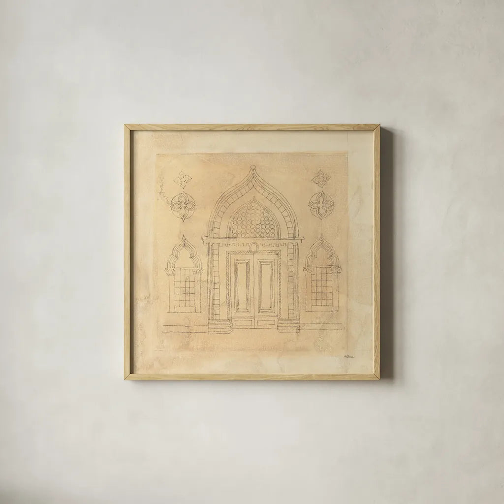 Architectural Drawing I Neutral by Albena Hristova. Shown in a natural wood glass frame for a timeless modern aesthetic. Available as an archival giclee rolled canvas, fine art paper, or poster print. SKU 90917a.