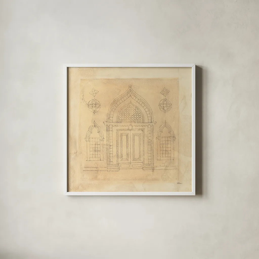Architectural Drawing I Neutral by Albena Hristova. Shown in a crisp white glass frame for a clean and minimalist style. Available as an archival giclee rolled canvas, fine art paper, or poster print. SKU 90917a.