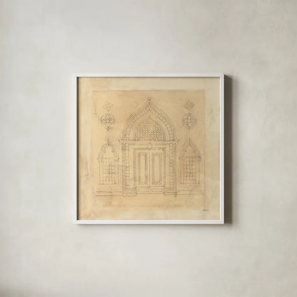 Architectural Drawing I Neutral by Albena Hristova. Shown in a crisp white glass frame for a clean and minimalist style. Available as an archival giclee rolled canvas, fine art paper, or poster print. SKU 90917a.