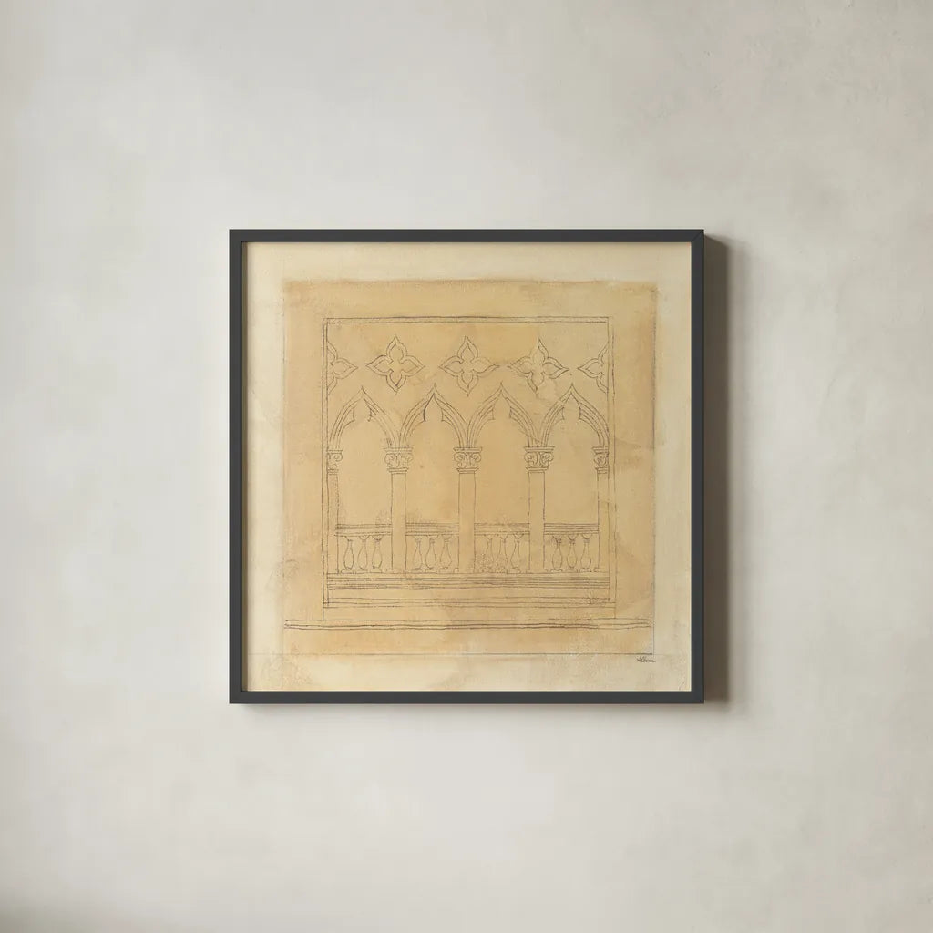 Architectural Drawing II Neutral by Albena Hristova. Shown in a sleek black glass frame for a contemporary gallery look. Available as an archival giclee rolled canvas, fine art paper, or poster print. SKU 90918a.