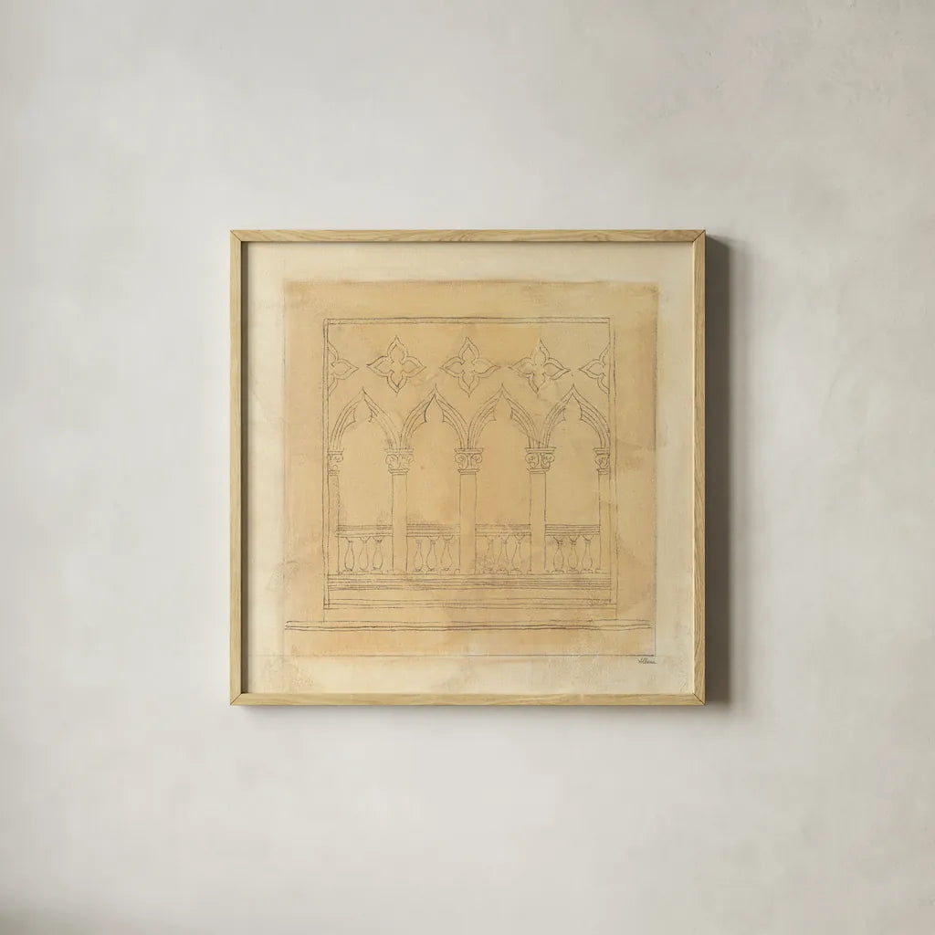 Architectural Drawing II Neutral by Albena Hristova. Shown in a natural wood glass frame for a timeless modern aesthetic. Available as an archival giclee rolled canvas, fine art paper, or poster print. SKU 90918a.