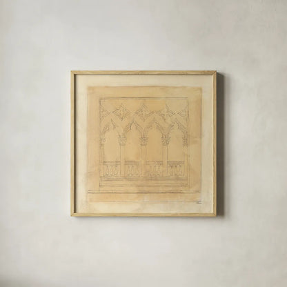 Architectural Drawing II Neutral by Albena Hristova. Shown in a natural wood glass frame for a timeless modern aesthetic. Available as an archival giclee rolled canvas, fine art paper, or poster print. SKU 90918a.