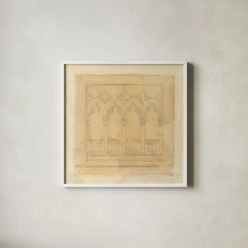 Architectural Drawing II Neutral by Albena Hristova. Shown in a crisp white glass frame for a clean and minimalist style. Available as an archival giclee rolled canvas, fine art paper, or poster print. SKU 90918a.