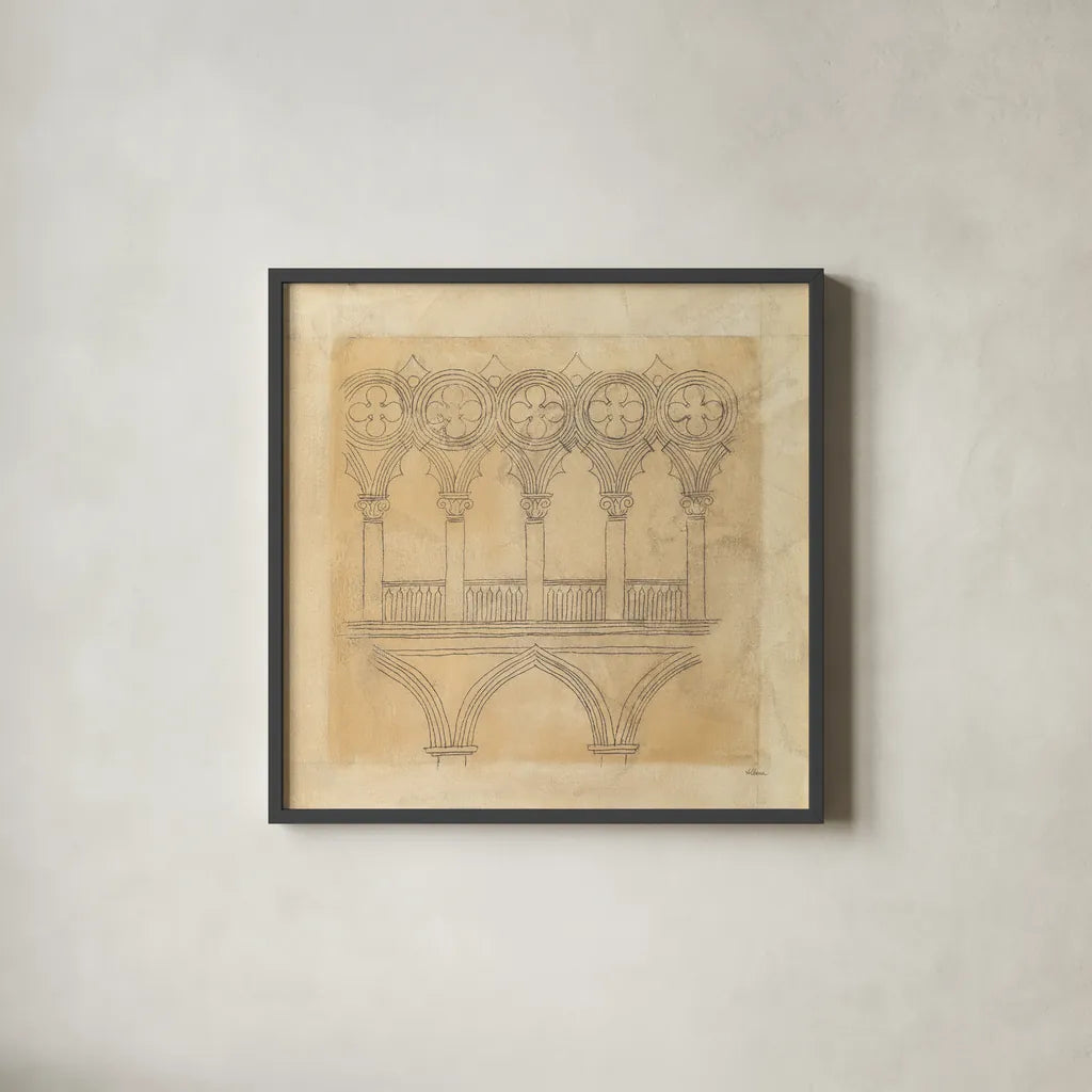 Architectural Drawing III Neutral by Albena Hristova. Shown in a sleek black glass frame for a contemporary gallery look. Available as an archival giclee rolled canvas, fine art paper, or poster print. SKU 90919a.