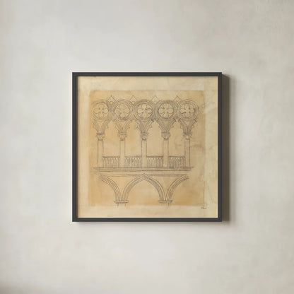 Architectural Drawing III Neutral by Albena Hristova. Shown in a sleek black glass frame for a contemporary gallery look. Available as an archival giclee rolled canvas, fine art paper, or poster print. SKU 90919a.