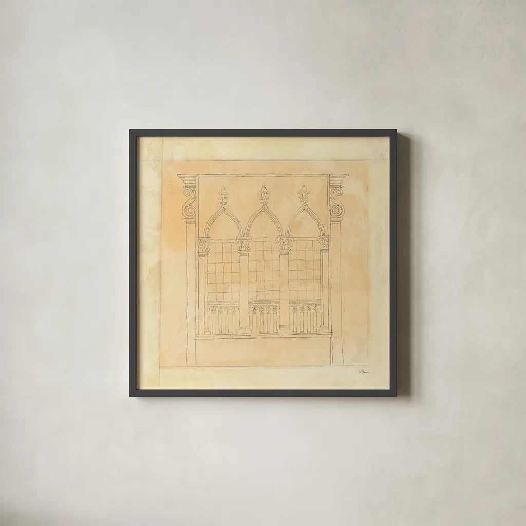 Architectural Drawing IV Neutral by Albena Hristova. Shown in a sleek black glass frame for a contemporary gallery look. Available as an archival giclee rolled canvas, fine art paper, or poster print. SKU 90920a.