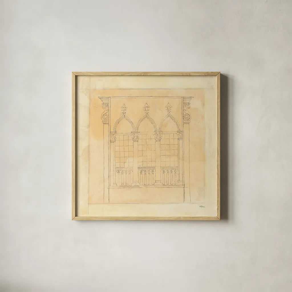 Architectural Drawing IV Neutral by Albena Hristova. Shown in a natural wood glass frame for a timeless modern aesthetic. Available as an archival giclee rolled canvas, fine art paper, or poster print. SKU 90920a.