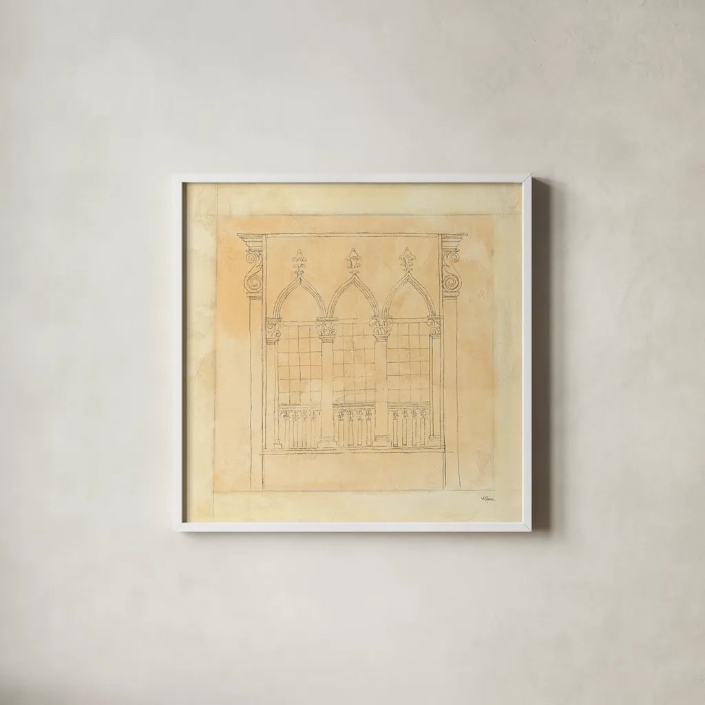 Architectural Drawing IV Neutral by Albena Hristova. Shown in a crisp white glass frame for a clean and minimalist style. Available as an archival giclee rolled canvas, fine art paper, or poster print. SKU 90920a.