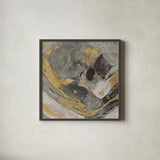 Arroyo Gold and Black by Albena Hristova. Shown in a sleek black glass frame for a contemporary gallery look. Available as an archival giclee rolled canvas, fine art paper, or poster print. SKU 28026a.