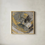 Arroyo Gold and Black by Albena Hristova. Shown in a natural wood glass frame for a timeless modern aesthetic. Available as an archival giclee rolled canvas, fine art paper, or poster print. SKU 28026a.