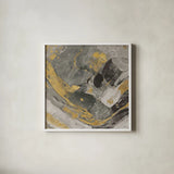Arroyo Gold and Black by Albena Hristova. Shown in a crisp white glass frame for a clean and minimalist style. Available as an archival giclee rolled canvas, fine art paper, or poster print. SKU 28026a.