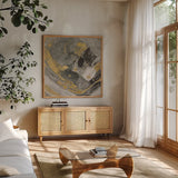 Arroyo Gold and Black by Albena Hristova. Shown in a natural wood frame in a cozy modern living room. Available as an archival giclee rolled canvas, fine art paper, or poster print. SKU 28026a.