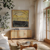 At Dawn Crop v2 by Albena Hristova. Shown in a natural wood frame in a cozy modern living room. Available as an archival giclee rolled canvas, fine art paper, or poster print. SKU 22147a.