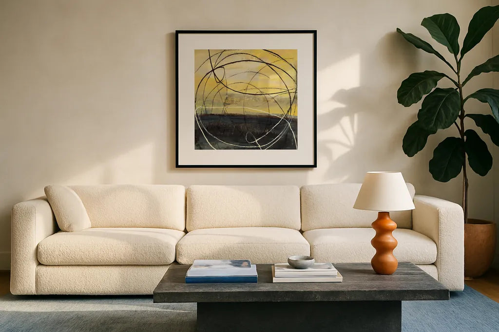 At Dawn Crop v2 by Albena Hristova. Displayed in a glass frame with matte in a clean modern living room. Available as an archival giclee rolled canvas, fine art paper, or poster print. SKU 22147a.