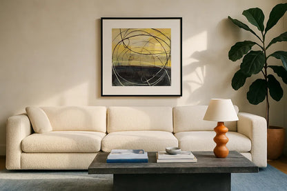 At Dawn Crop v2 by Albena Hristova. Displayed in a glass frame with matte in a clean modern living room. Available as an archival giclee rolled canvas, fine art paper, or poster print. SKU 22147a.