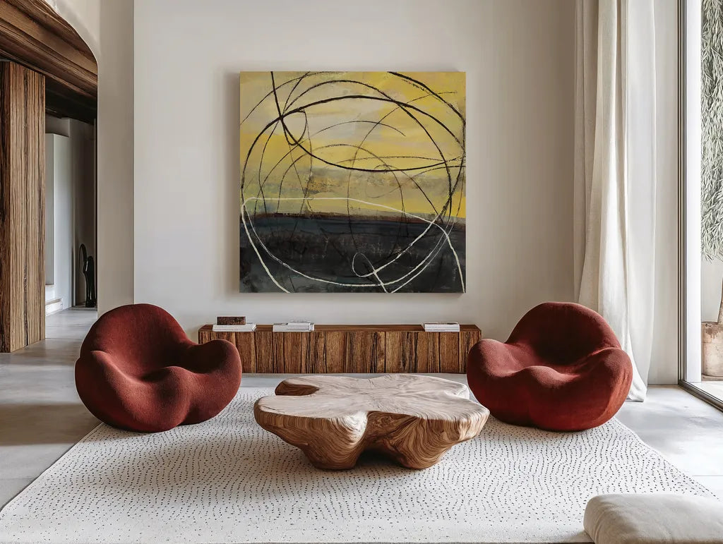 At Dawn Crop v2 by Albena Hristova. Shown as extra-large giant wall art in a modern living room. Available as an archival giclee rolled canvas, fine art paper, or poster print. SKU 22147a.