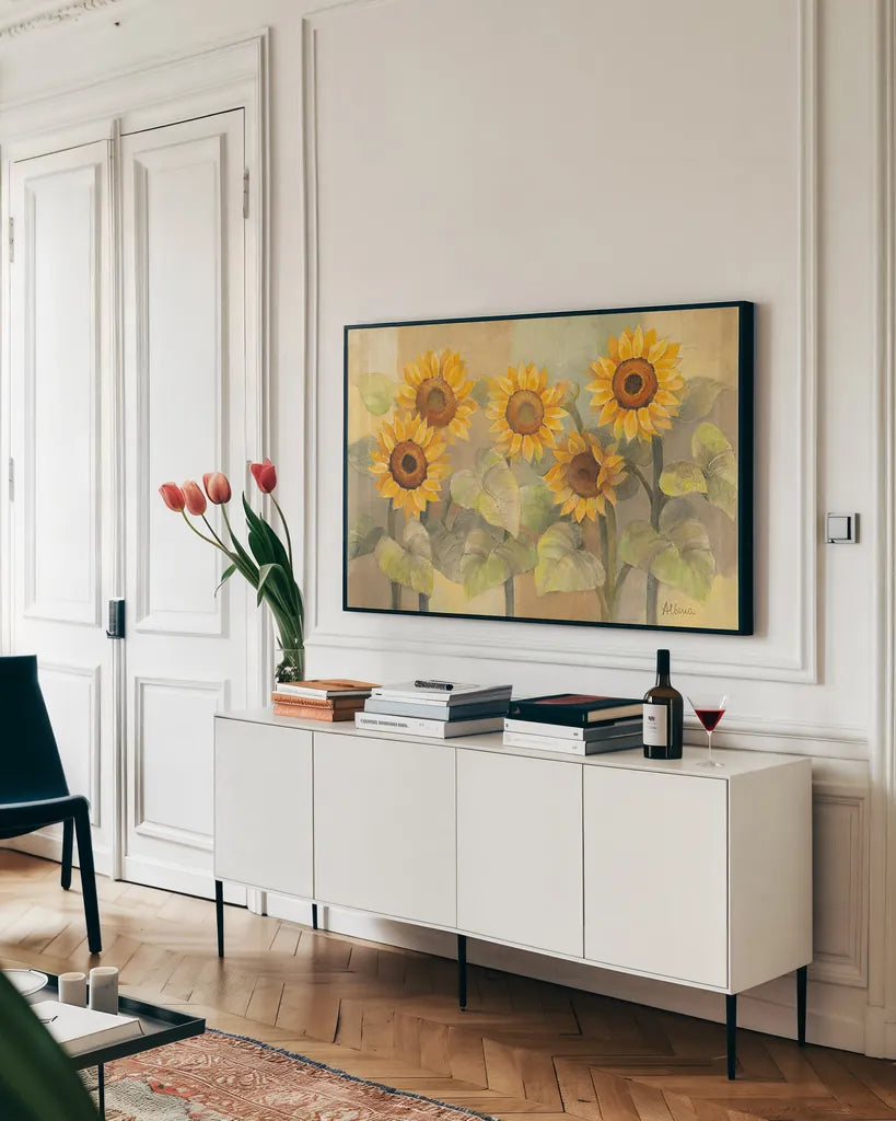 August Sunflowers by Albena Hristova. shown as a framed stretched canvas in a living room above a console. Available as a archival giclee rolled canvas, fine art paper, or poster print. SKU 4004i.