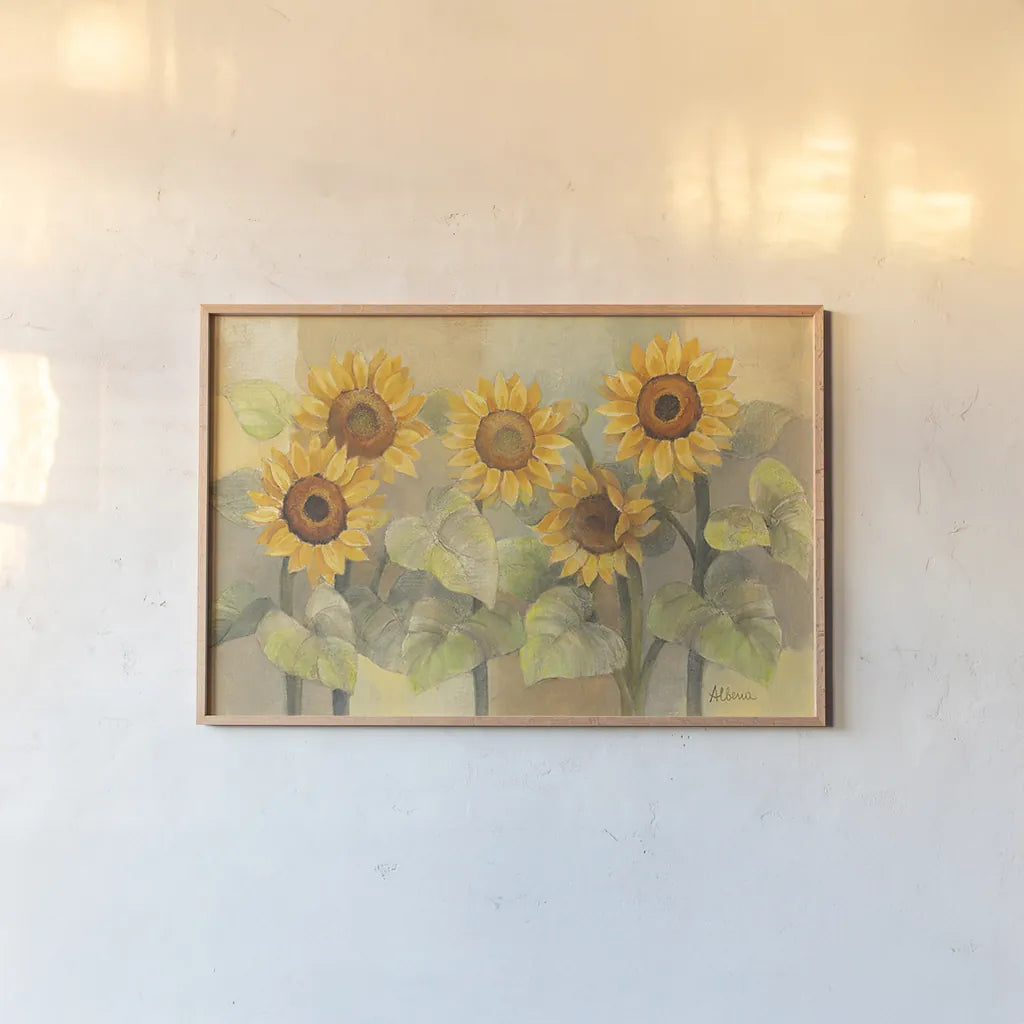 August Sunflowers by Albena Hristova. shown as a paper print in a natural frame. Available as a archival giclee rolled canvas, fine art paper, or poster print. SKU 4004i.
