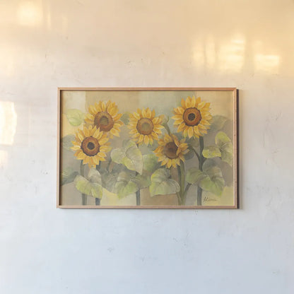 August Sunflowers by Albena Hristova. shown as a paper print in a natural frame. Available as a archival giclee rolled canvas, fine art paper, or poster print. SKU 4004i.