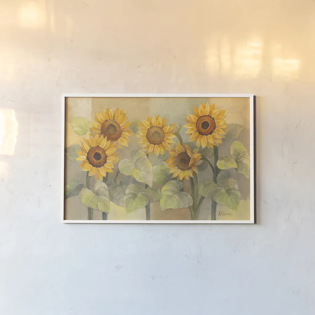 August Sunflowers by Albena Hristova. shown as a paper print in a white frame. Available as a archival giclee rolled canvas, fine art paper, or poster print. SKU 4004i.
