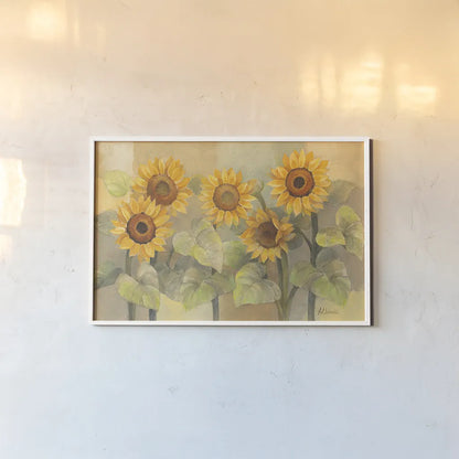 August Sunflowers by Albena Hristova. shown as a paper print in a white frame. Available as a archival giclee rolled canvas, fine art paper, or poster print. SKU 4004i.