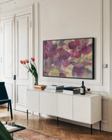 Autumn Blooms by Albena Hristova. shown as a framed stretched canvas in a living room above a console. Available as a archival giclee rolled canvas, fine art paper, or poster print. SKU 14505i.