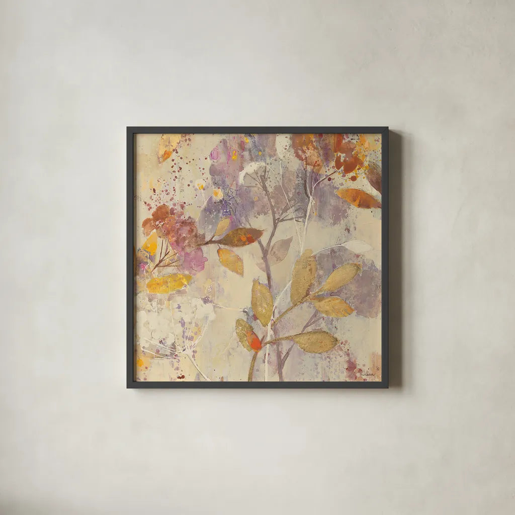 Autumn Botanicals II by Albena Hristova. Shown in a sleek black glass frame for a contemporary gallery look. Available as an archival giclee rolled canvas, fine art paper, or poster print. SKU 17797a.