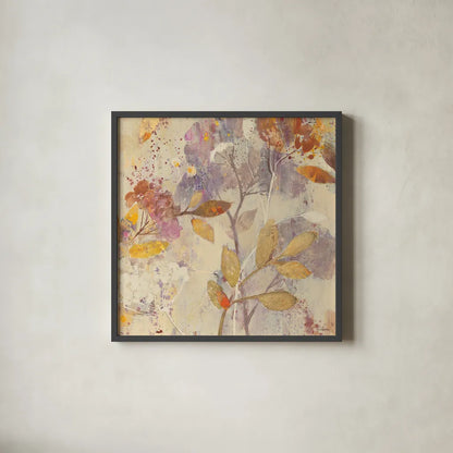 Autumn Botanicals II by Albena Hristova. Shown in a sleek black glass frame for a contemporary gallery look. Available as an archival giclee rolled canvas, fine art paper, or poster print. SKU 17797a.