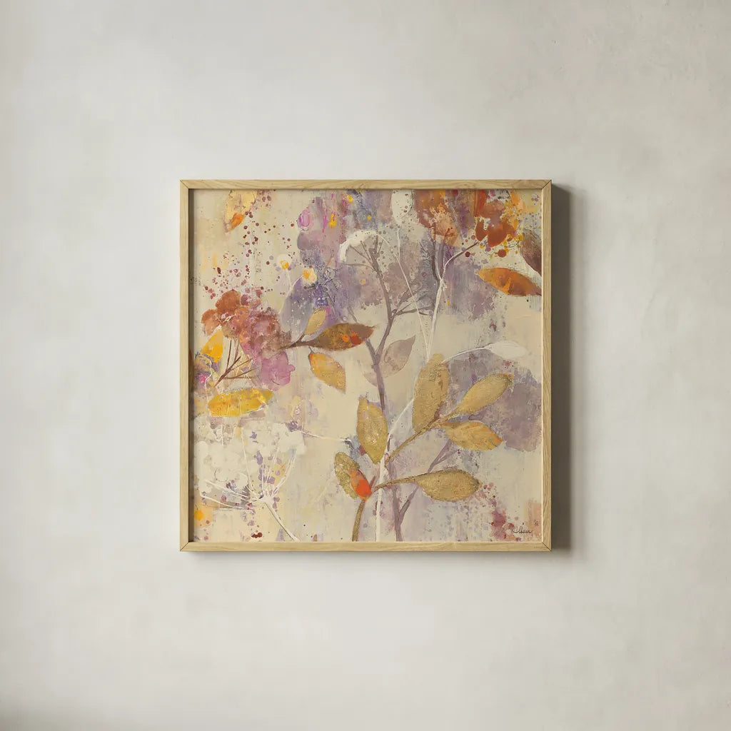 Autumn Botanicals II by Albena Hristova. Shown in a natural wood glass frame for a timeless modern aesthetic. Available as an archival giclee rolled canvas, fine art paper, or poster print. SKU 17797a.