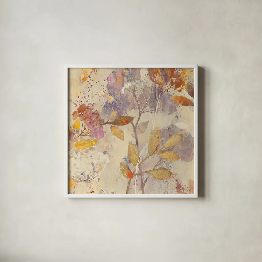 Autumn Botanicals II by Albena Hristova. Shown in a crisp white glass frame for a clean and minimalist style. Available as an archival giclee rolled canvas, fine art paper, or poster print. SKU 17797a.