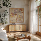 Autumn Botanicals II by Albena Hristova. Shown in a natural wood frame in a cozy modern living room. Available as an archival giclee rolled canvas, fine art paper, or poster print. SKU 17797a.