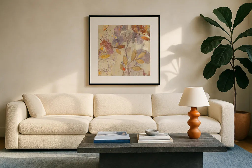Autumn Botanicals II by Albena Hristova. Displayed in a glass frame with matte in a clean modern living room. Available as an archival giclee rolled canvas, fine art paper, or poster print. SKU 17797a.