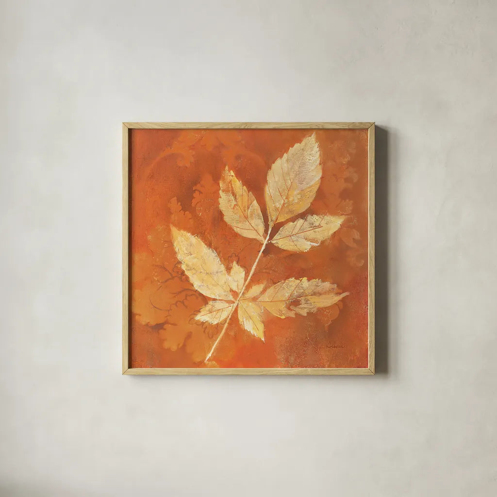 Autumn Leaves II by Albena Hristova. Shown in a natural wood glass frame for a timeless modern aesthetic. Available as an archival giclee rolled canvas, fine art paper, or poster print. SKU 55451a.