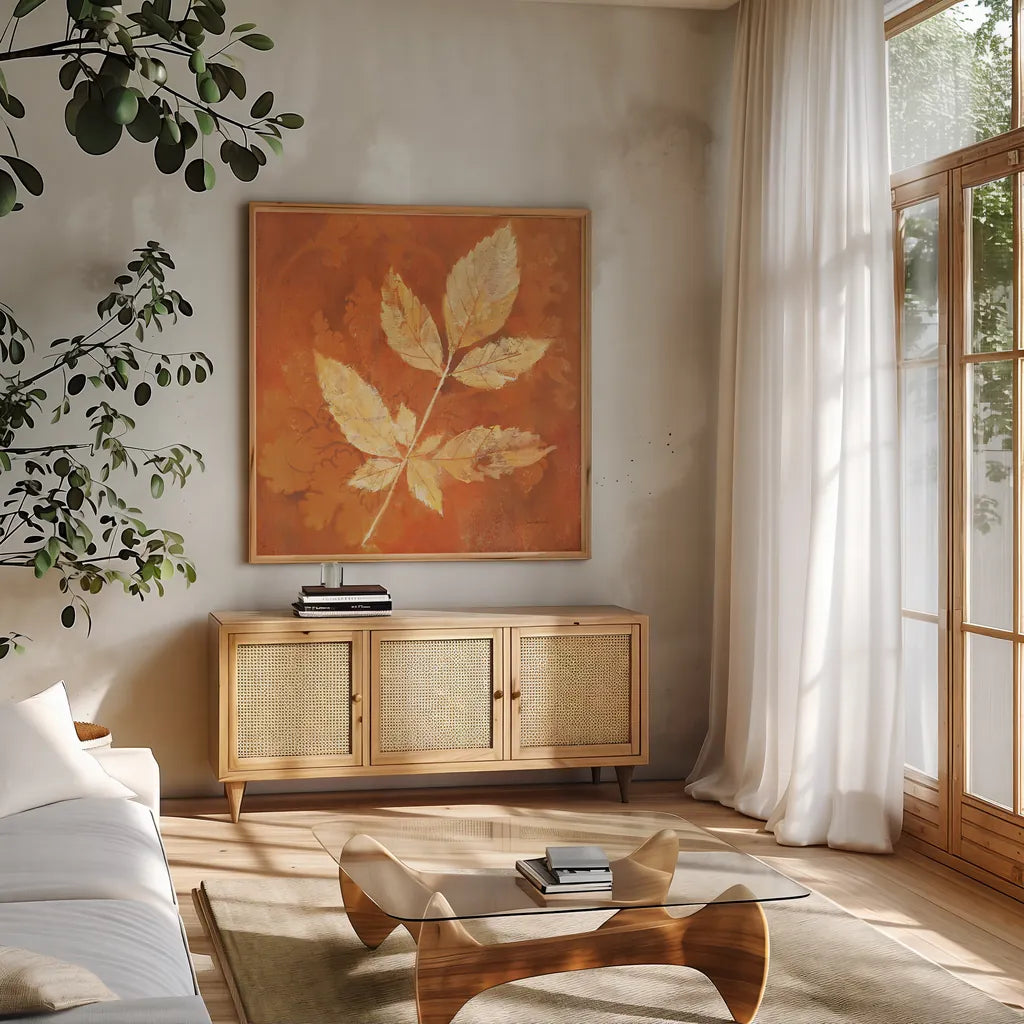 Autumn Leaves II by Albena Hristova. Shown in a natural wood frame in a cozy modern living room. Available as an archival giclee rolled canvas, fine art paper, or poster print. SKU 55451a.