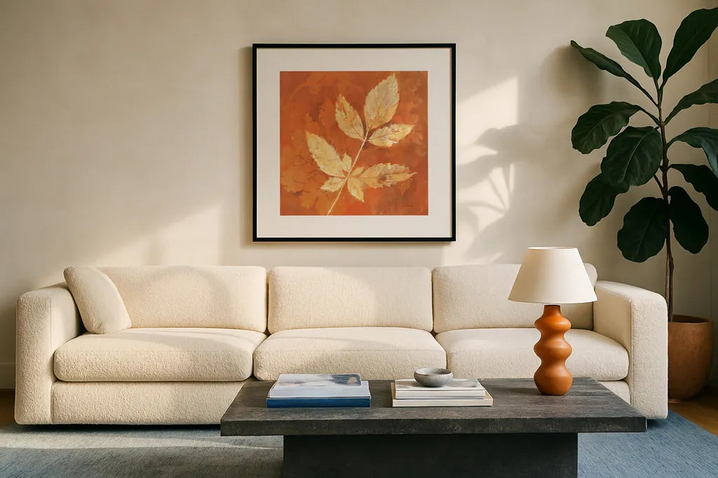 Autumn Leaves II by Albena Hristova. Displayed in a glass frame with matte in a clean modern living room. Available as an archival giclee rolled canvas, fine art paper, or poster print. SKU 55451a.