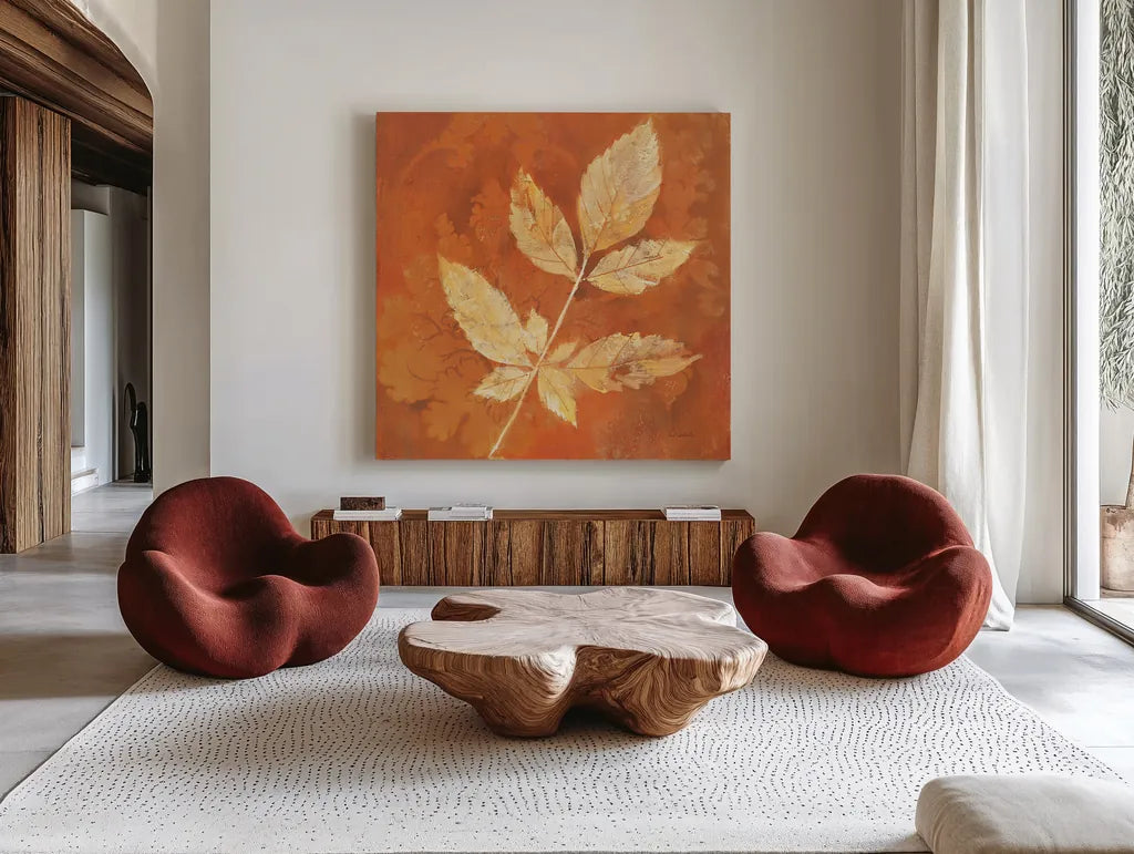 Autumn Leaves II by Albena Hristova. Shown as extra-large giant wall art in a modern living room. Available as an archival giclee rolled canvas, fine art paper, or poster print. SKU 55451a.