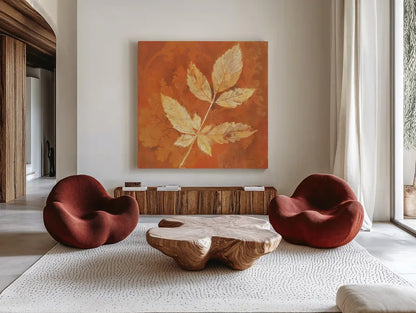 Autumn Leaves II by Albena Hristova. Shown as extra-large giant wall art in a modern living room. Available as an archival giclee rolled canvas, fine art paper, or poster print. SKU 55451a.