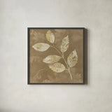 Autumn Leaves White on Taupe I by Albena Hristova. Shown in a sleek black glass frame for a contemporary gallery look. Available as an archival giclee rolled canvas, fine art paper, or poster print. SKU 55458a.